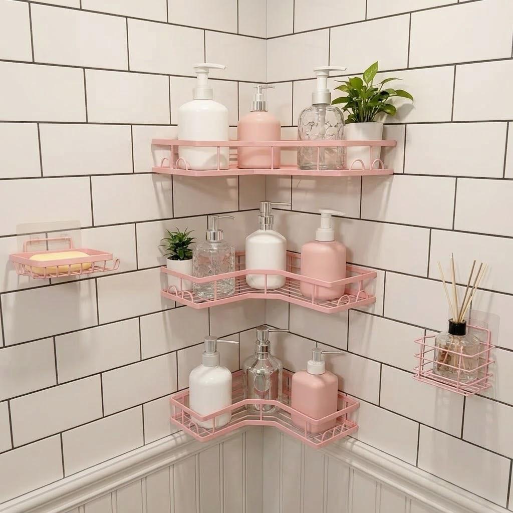 Home Essentials Bathroom Storage - 5-teiliges minimalistisches rosa Duschorganizer-Set, bohrfreies, selbstklebendes