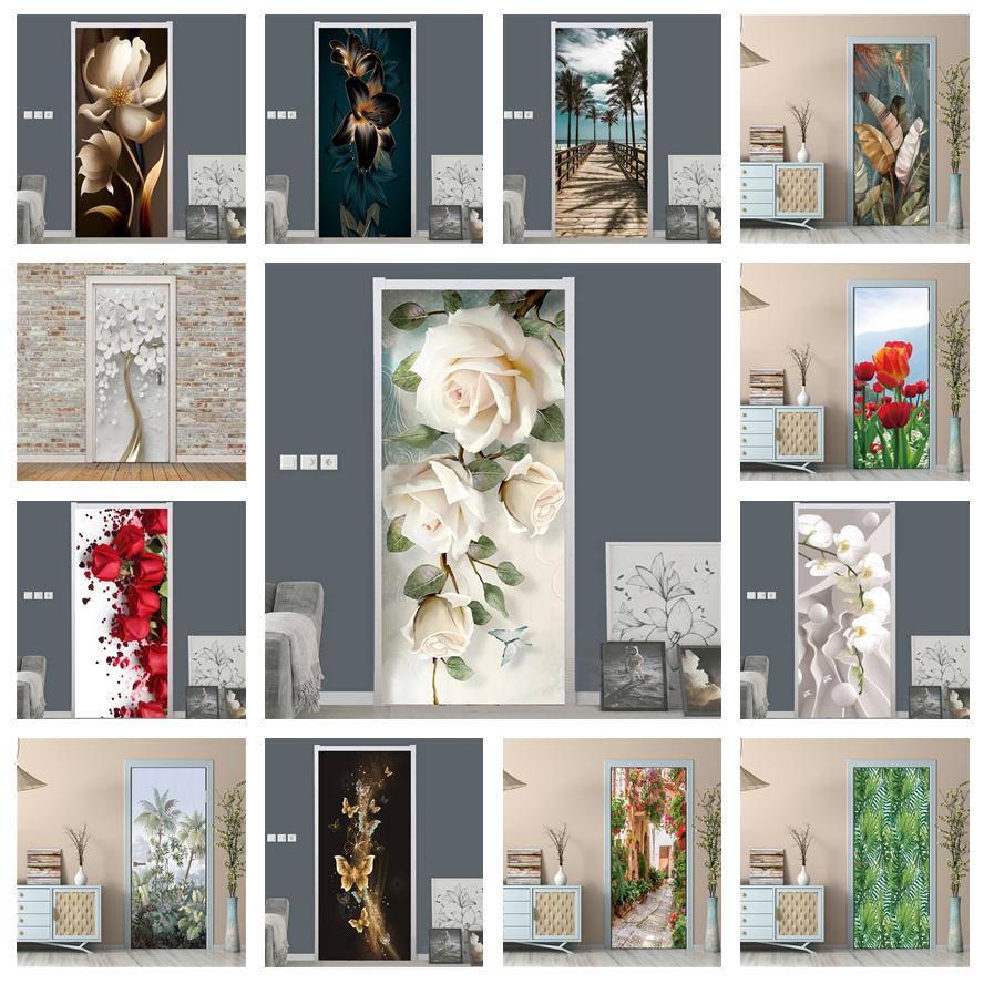 Home Bathroom Door Design - Weiße Rose Blumentapete für Tür, selbstklebend,
